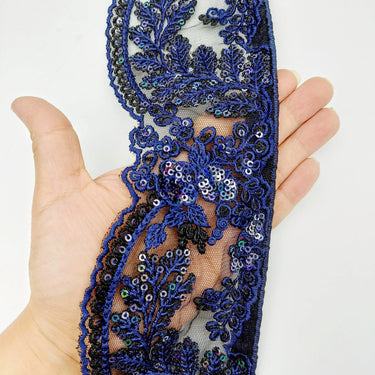 Black Net Scallop Lace Trim with Navy Blue Floral Embroidery With Sequins, Sari Border, Embroidered Trim
